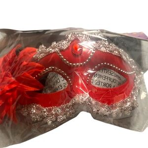 NWT Red and Silver Mardi Gras Mask with Red Flower with Rhinestones.